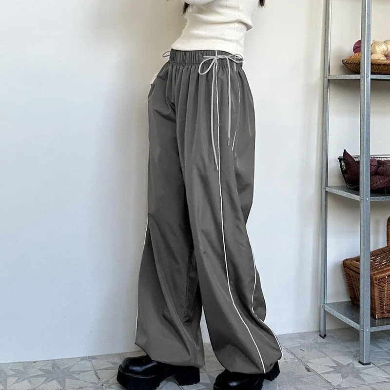 Women Spring Retro Solid Loose Drawstring Trousers