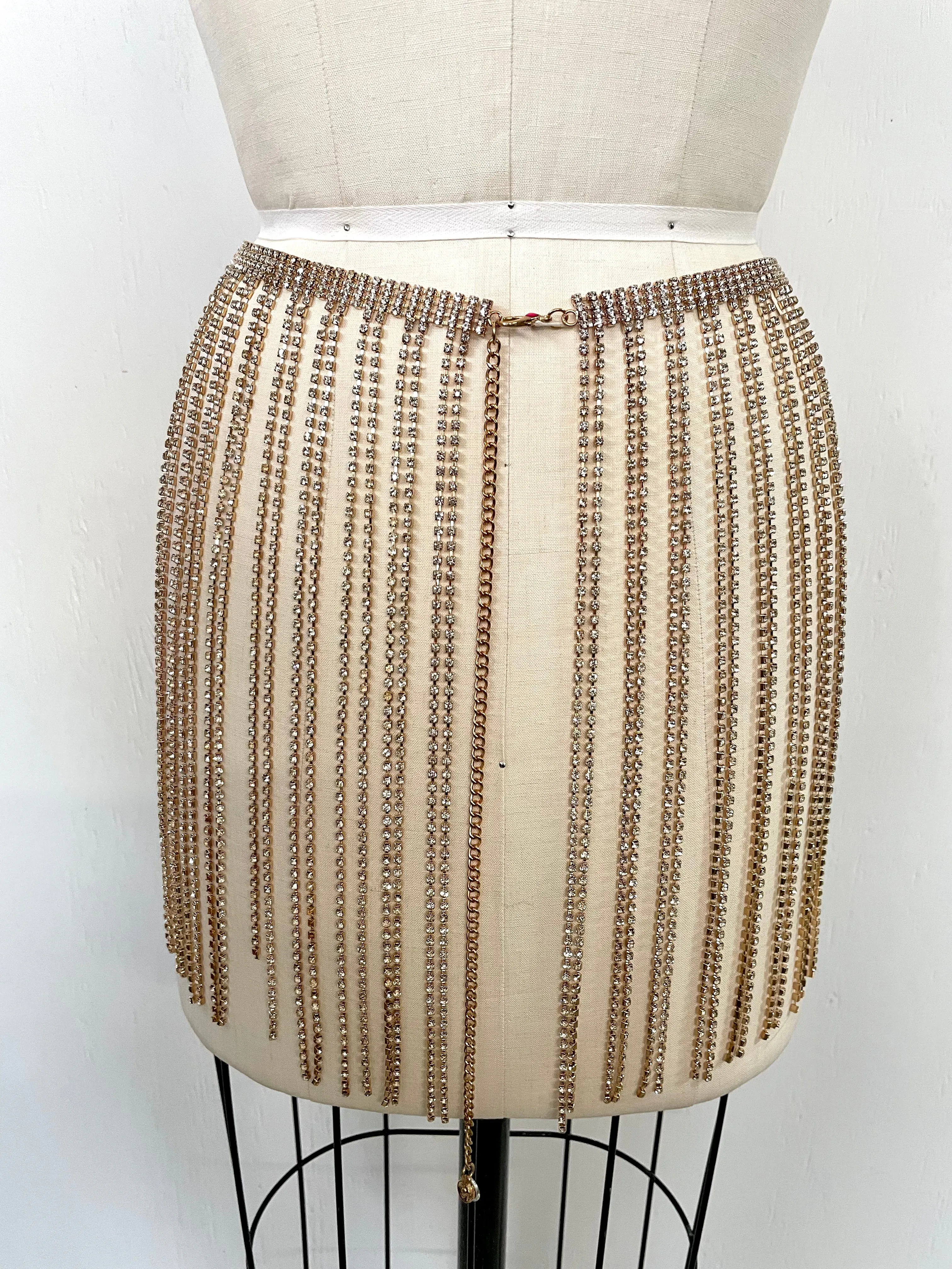 WOMENS gold rhinestone fringe belt / dance skirt, 13" long